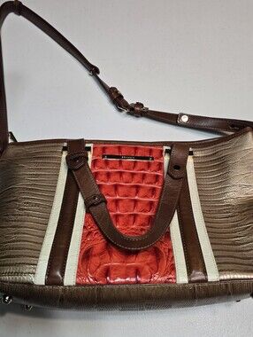 Brahmin Asher Cabana Orange Brown Chalk Embossed Leather Bag Used $275